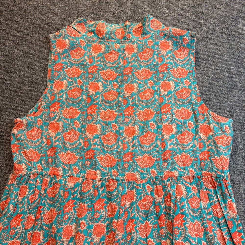 Natural Life Floral Cotton Maxi Dress Blue Orange Button Front Boho Tassel M - Picture 6 of 8